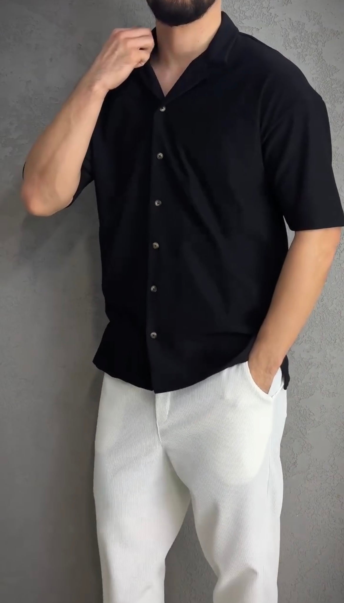 Black Textured Short Sleeve Shirt